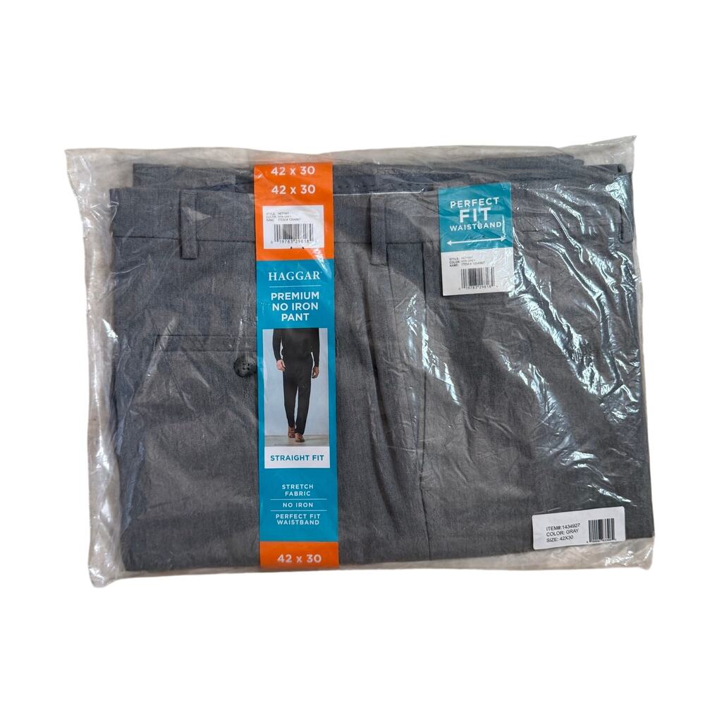 NWT Haggar Mens Size 42 x 30 Premium No Iron Dress Pants Gray Straight Leg